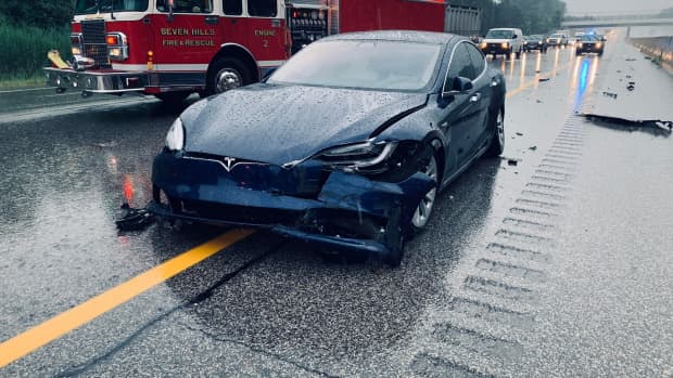 Chicago, Illinois / USA August 5th 2019 : Photograph of a Tesla model 3 that got into an accident on the highway.