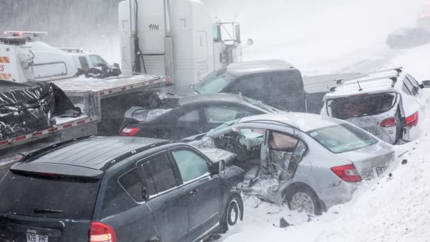 Quebec, Canada - January 2019 - Pileup - Multi crash on road with snow storm.